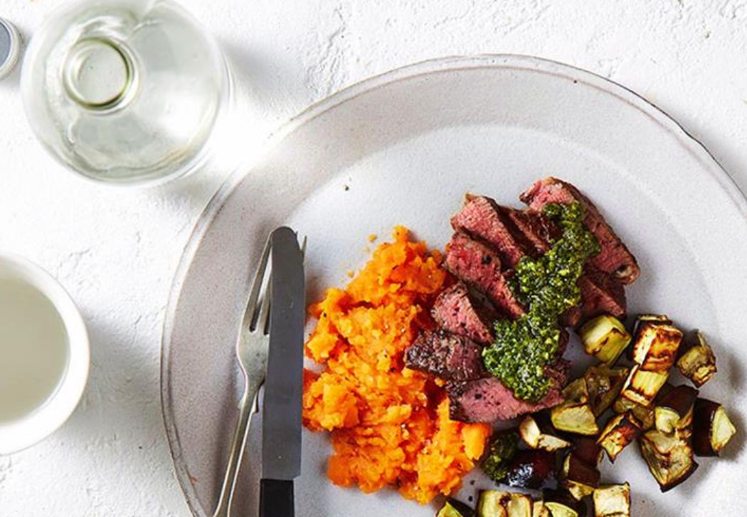 Steak with eggplant & sweet potato