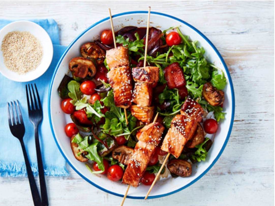 Barbecue teriyaki salmon skewers & vegetables