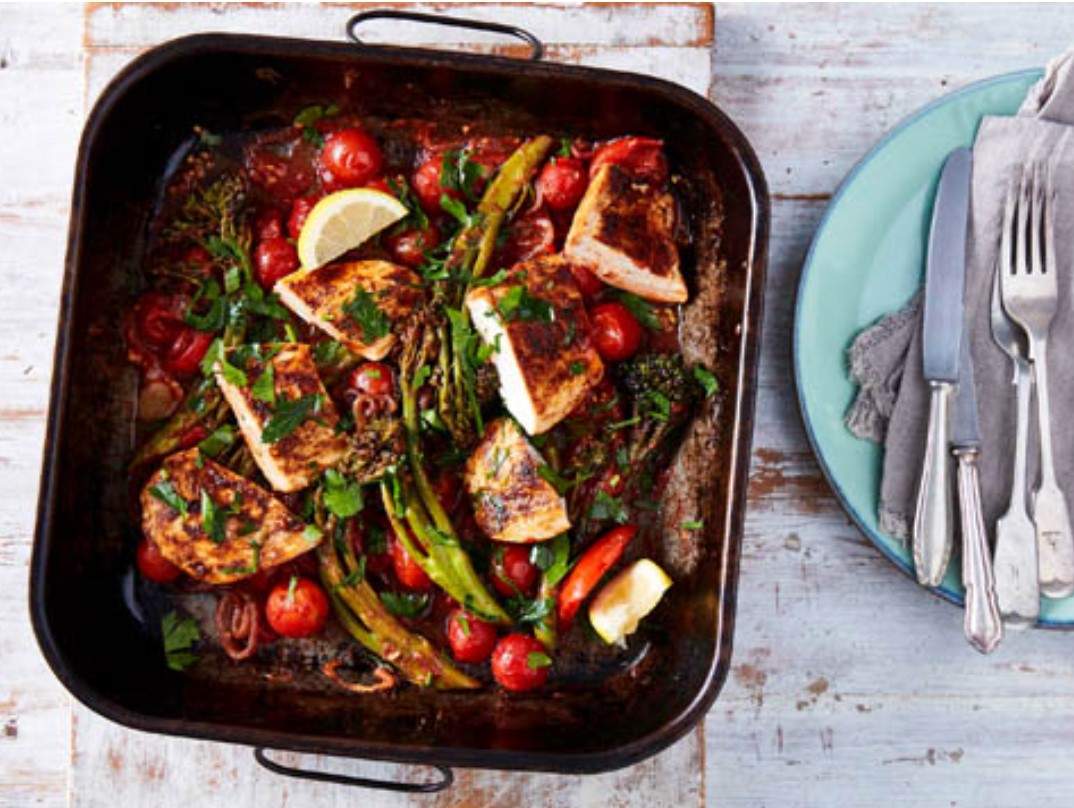 Spanish-style chicken & vegetable tray bake